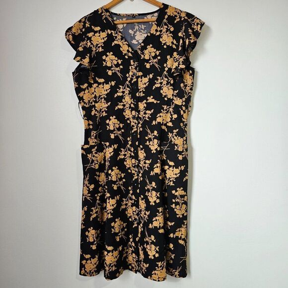 EUC LIKE NEW FLORAL MIDI DRESS BUTTON DOWN BLACK/MUSTARD SIZE LARGE - Picture 1 of 14